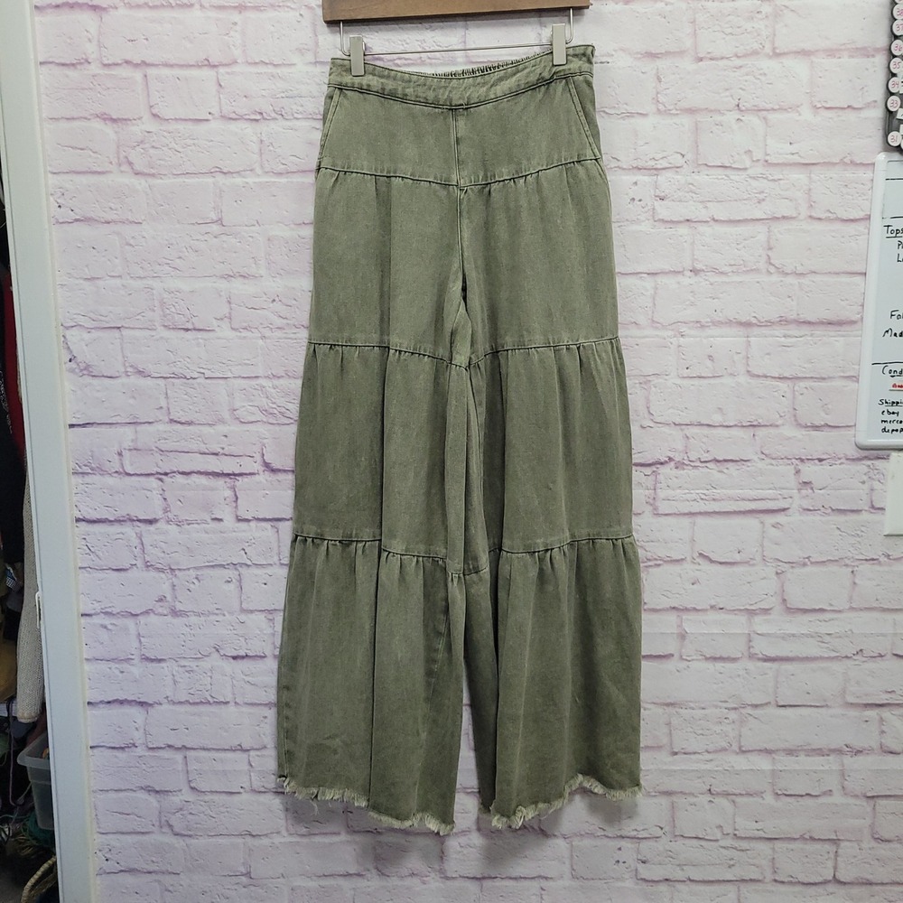 SHEIN Boho Tiered Wide Leg Jeans Womens 28x32 Olive Green Raw Hem Cottagecore